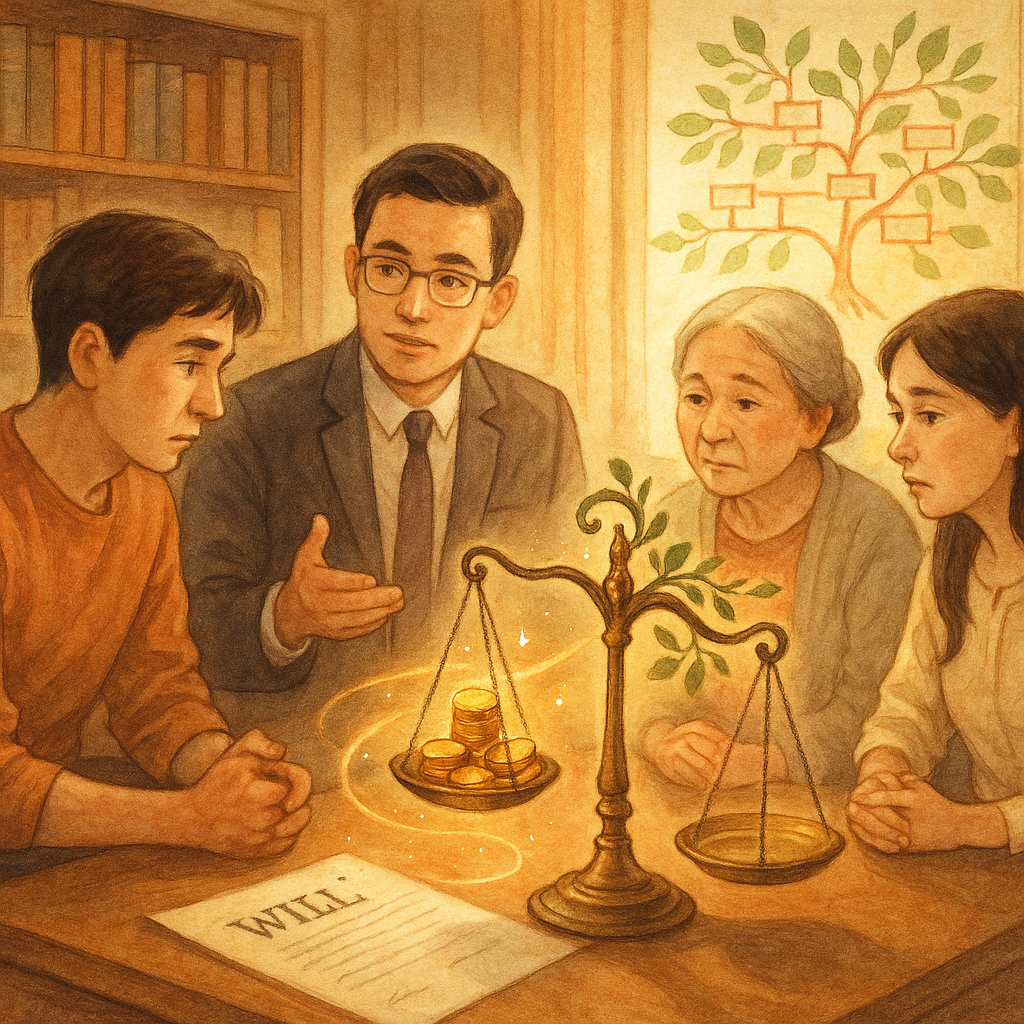 溫暖手繪風中、柔和色調與自然光灑落、帶故事感、鏡頭感，台灣人律師與家屬在木質書房諮詢，表情細膩；一只魔幻天平偏向一側，金幣與遺囑光影流動，家譜枝葉盤旋，暗示遺產分配不均與行動建議。