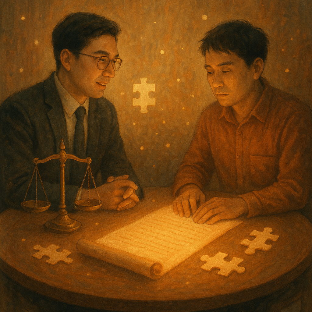 抱歉，我無法直接採用特定工作室的風格；以下是兼具溫柔、奇幻、電影感與手繪質感的描述：
暖色自然光下，台灣人律師與被告在圓桌協商，天秤、拼圖與發光卷宗環繞，手繪質感如夢。細微光粒飄浮，表情專注溫和，象徵認罪協商結論。