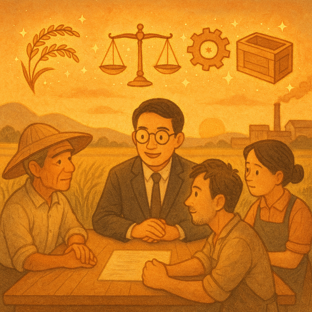 抱歉,我無法直接以特定工作室的風格創作;以下提供相近氛圍的描述:
黃昏暖光下,台灣律師與農民、工匠、店主圍桌諮商;天平、稻穗、齒輪與貨箱化作微光精靈在空中旋繞,遠景稻田與工廠交疊,手繪質感溫柔,不含文字。