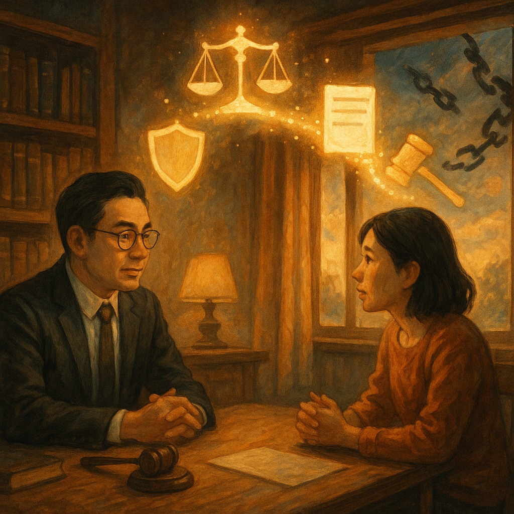 暖色自然光下，台灣律師與當事人在木質事務所對談；窗外暗影化作破碎鎖鏈，象徵恐嚇消解。頭頂漂浮天秤、盾牌、法槌與無字清單，化為發光小徑引導前行；手繪質感、奇幻電影感，無文字。