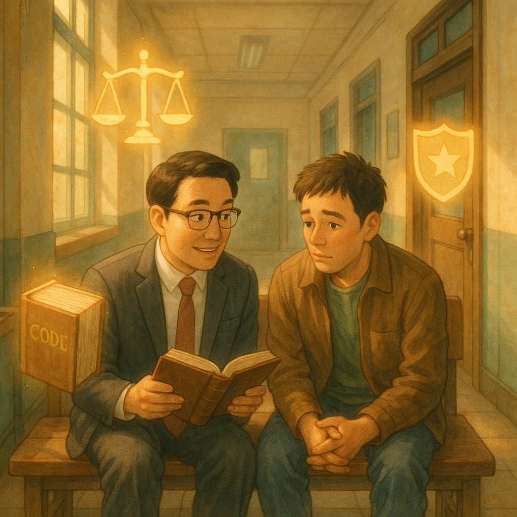 吉卜力風柔光手繪場景:台灣人律師陪同當事人在溫暖的警局走廊諮詢,天光灑落。天秤、法典與盾牌化作漂浮光影指引前路,細膩質感、情感豐沛,表情溫暖專業,畫面無文字。