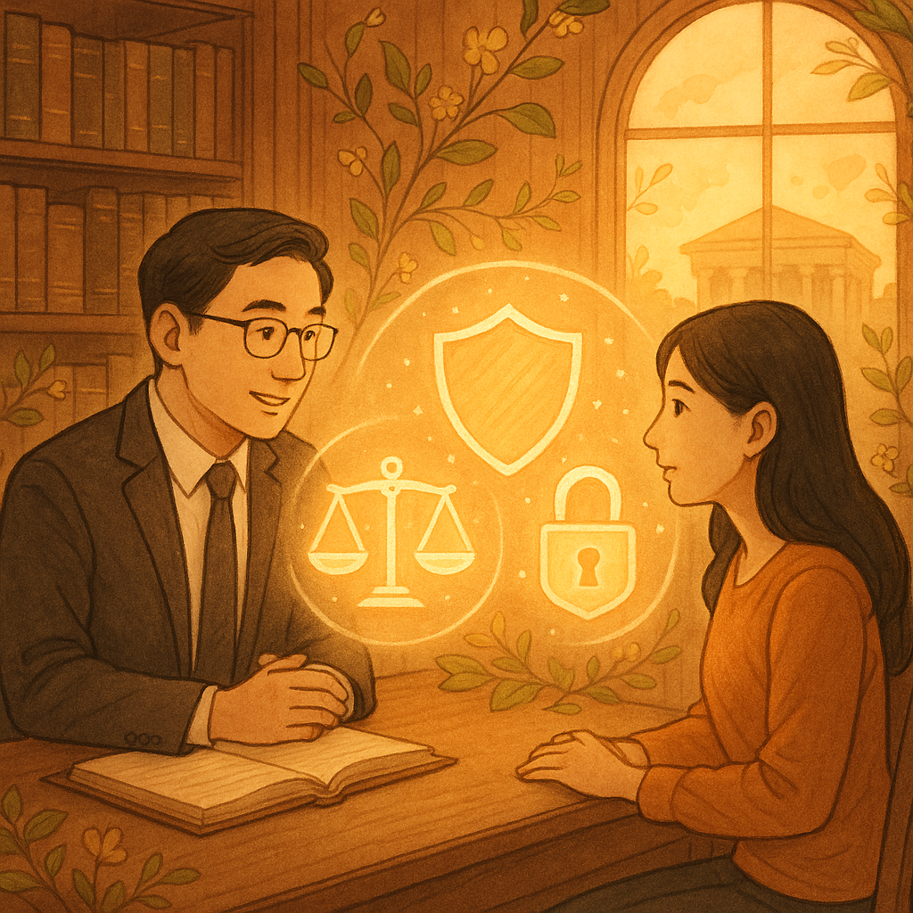 柔和晨光下，台灣人律師與當事人於手繪質感的木質書房相談，手邊天秤、盾牌與解鎖鎖頭化作發光圖騰；花草繚繞，暖風拂動，護佑光罩象徵性自主與法律守護，遠處法院剪影映於窗外。