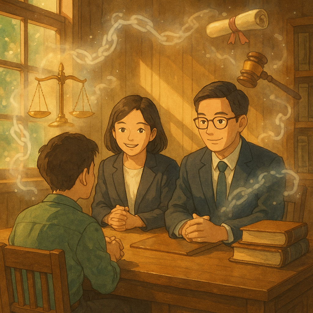 吉卜力風高解析插畫:木質事務所裡,兩位台灣律師與當事人溫暖諮詢;柔光灑落,天平、法槌與卷宗如小精靈環繞,象徵強制的半透明鎖鏈在光中鬆解,手繪質感、電影感構圖、無文字。