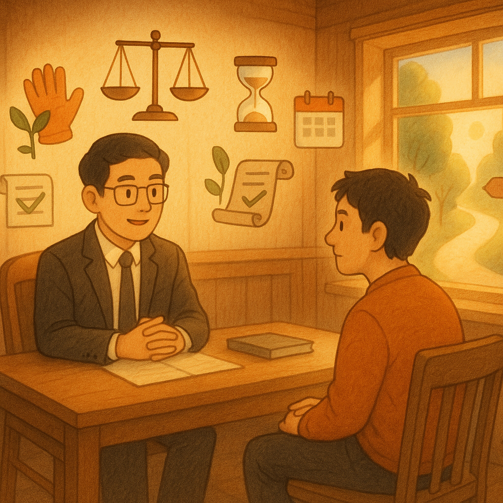 溫暖柔光的手繪動畫風:台灣律師與當事人在木質辦公室對坐,頭頂漂浮天秤、沙漏與日曆,旁有社區服務手套、綠芽與打勾卷軸象徵緩刑條件;窗外陽光化作指引小徑與路標,呈現結論與行動建議,細緻質感、無文字。