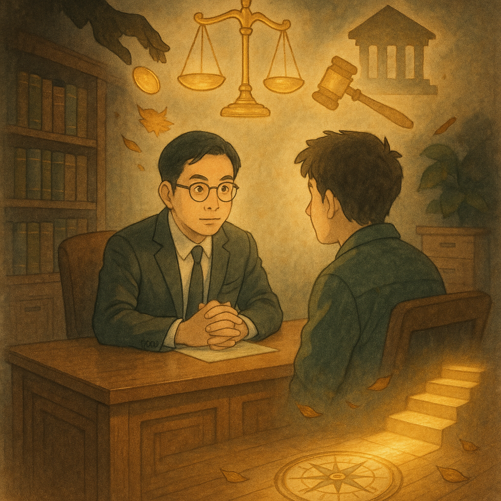 以吉卜力風的柔光手繪質感，木質事務所內，一位台灣律師與民眾對談、表情專注；天花板垂落發光天秤、法槌與法院剪影，角落黑影遞金幣又化為落葉，地上亮起通往正義的階梯與指南羅盤。