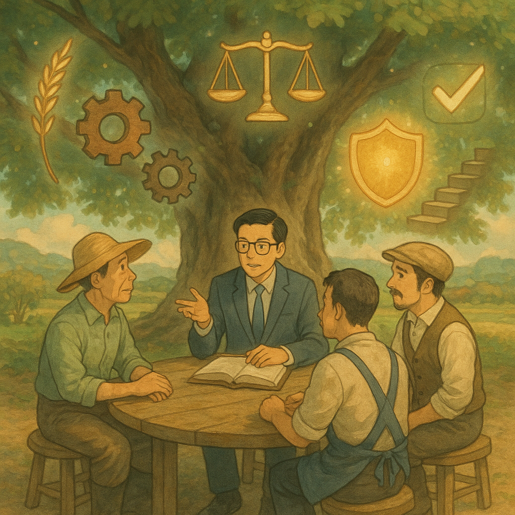 吉卜力風格插畫：台灣律師與農民、工匠、商家在榕樹下圓桌諮詢，漂浮稻穗、齒輪、天秤象徵妨害農工商罪的爭點；發光盾牌、階梯與檢核符號引導風險控管與合規步驟，手繪質感、柔色自然光、溫暖魔幻，無文字。