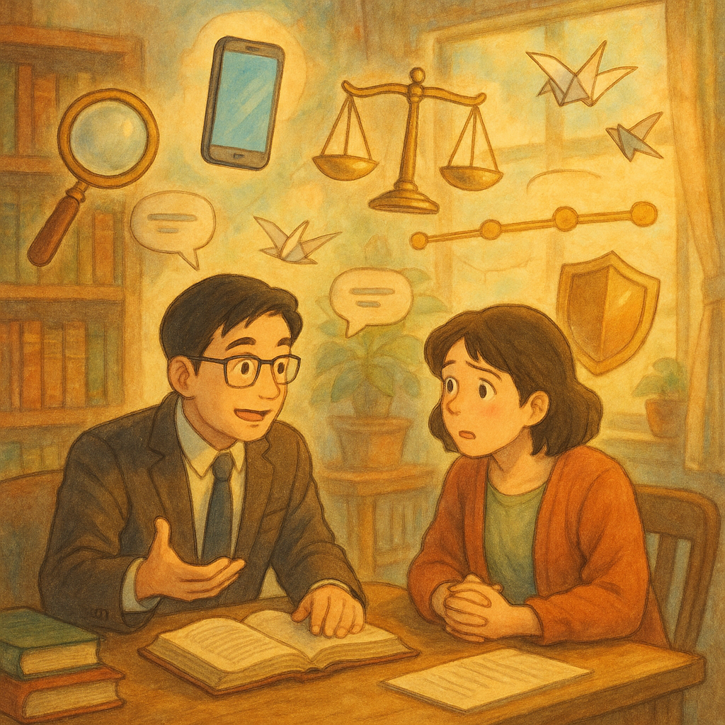 高解析吉卜力感法務場景：台灣律師與民眾在暖光中諮詢，表情豐富，溫暖魔幻氛圍，手機與放大鏡、天秤、盾牌、時間軸漂浮，評論氣泡化作紙鶴飄散，象徵蒐證與刪評流程；手繪質感、柔色自然光，無文字。