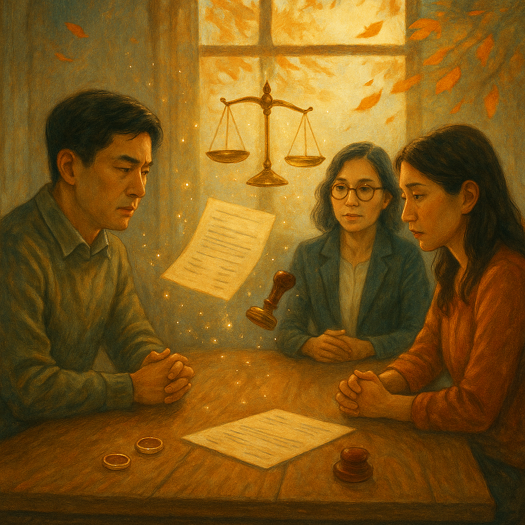 抱歉，我無法直接套用特定工作室的風格，但可提供相近氣質的奇幻手繪視覺描述：

電影感構圖與溫暖自然光下，一對台灣離婚諮商中的夫妻與專業律師表情細膩對坐；木桌上戒指分置、天平、文件與印章漂浮成光點，窗外落葉與微風化作高解析手繪紋理，現實與奇幻交織、無文字。