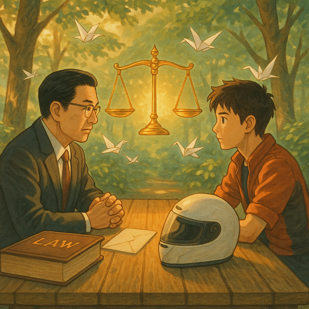 吉卜力風格、高解析、電影感插畫:午後暖光中,台灣人律師與年輕車手在木桌對坐,神情專注,桌上無字法典、頭盔與信封;發光天秤與紙鶴環繞,林間微風拂過,手繪質感與柔色營造溫暖魔幻的法律諮詢與抉擇的結語氛圍。