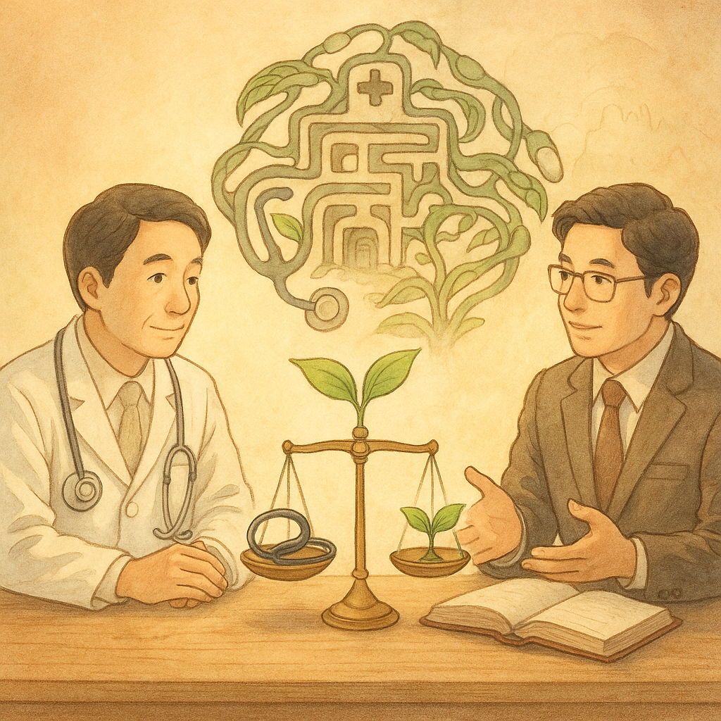 暖光下,台灣醫師與律師於木桌會談,天平上平衡聽診器與嫩芽;藥丸化作葉片繞成迷宮般醫院剪影,象徵過度醫療與風險控制;手繪質感、柔色吉卜力風,高解析,畫面無文字。