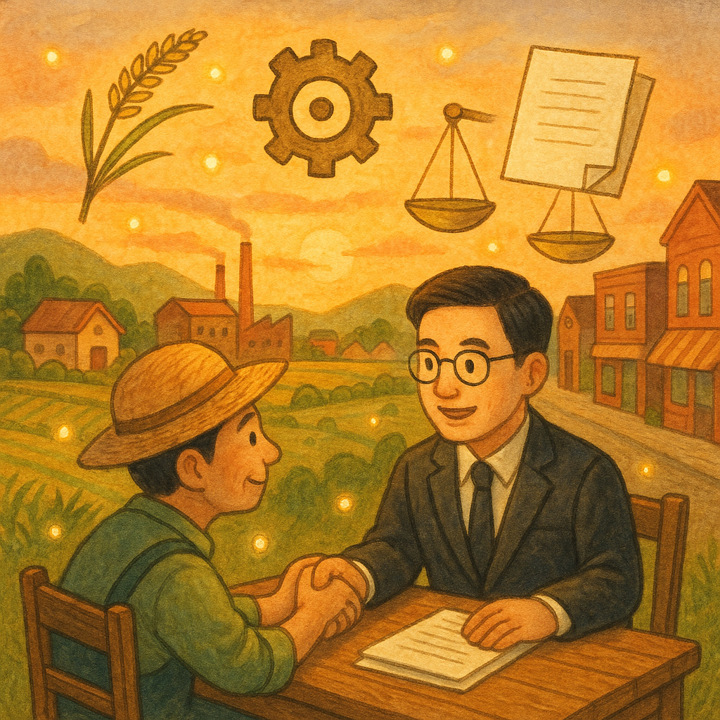 暖色黃昏下，手繪質感的田園、工廠與商街相連；兩位台灣人（律師與農商代表）在木桌溫柔對談。天際飄浮稻穗、齒輪、秤盤與空白卷宗等象徵，微光精靈環繞，童趣電影感與現實平衡，呈現妨害農工商罪諮詢氛圍。