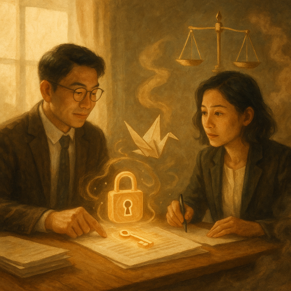 溫暖自然光下，兩位台灣律師在木桌前研議案件，柔和色調與手繪質感、溫暖奇幻的電影感氛圍。桌上文件被發光鎖與鑰匙孔環繞，紙鶴與天秤漂浮象徵策略與平衡，角落朦影化作煙霧暗示妨害秘密，無文字。