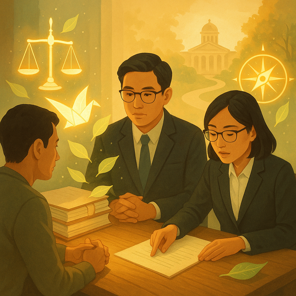 抱歉，我無法直接以特定創作風格呈現，但可提供相近氛圍的描述：
柔光下，兩位台灣法律顧問與民眾在木桌前討論訴願，神情專注；天平與卷宗化作發光紙鶴與樹葉環繞，遠處法院小徑與指引羅盤象徵結論與行動。