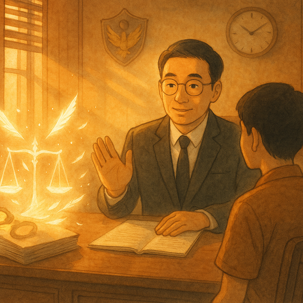 金色夕光灑入木質事務所，台灣律師溫和指引台灣民眾，桌上卷宗與手銬剪影化為光羽與天平，遠處警徽與時鐘朦朧浮現；柔和自然光、手繪質感與吉卜力式奇幻氛圍，寓意拘提後的結論與希望。畫面無文字。