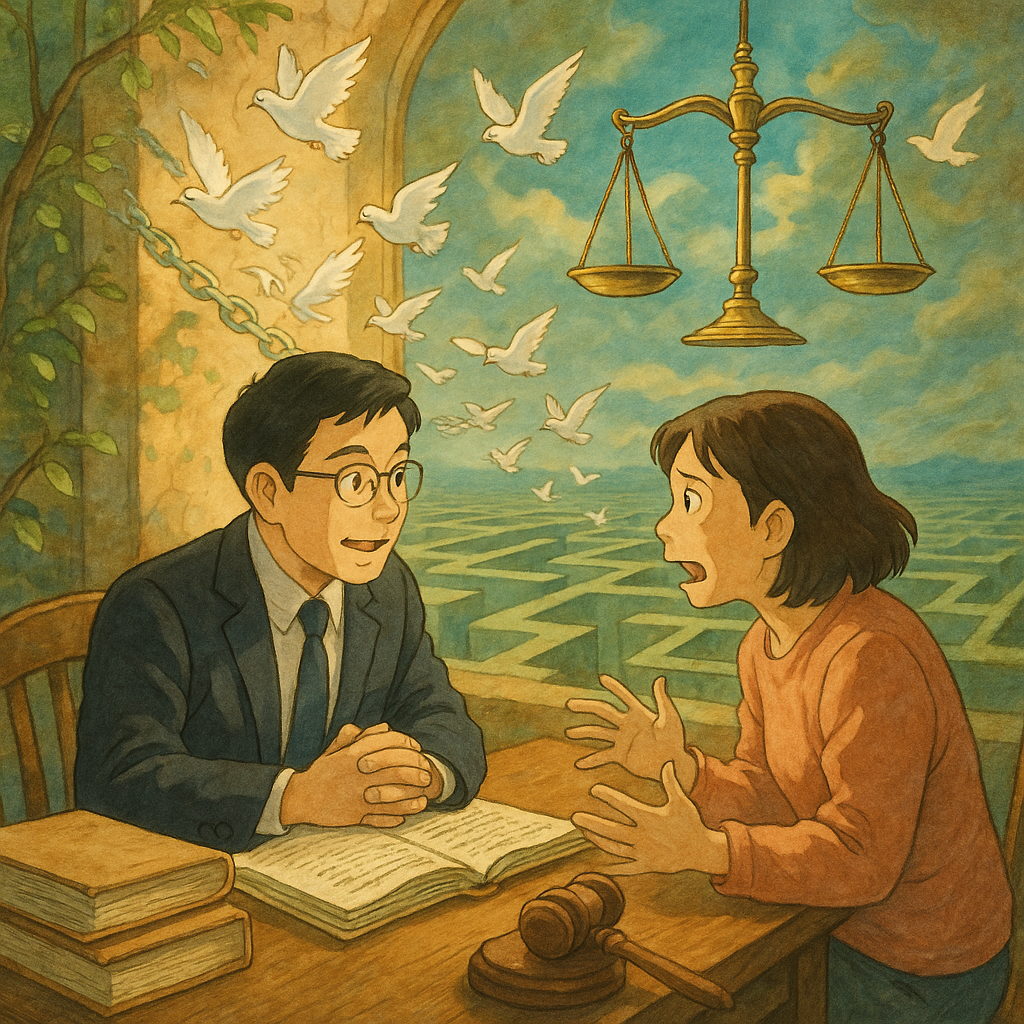 吉卜力風高解析度手繪質感插畫：台灣律師與當事人於溫暖自然光與奇幻氛圍下諮詢，角色表情豐富，卷宗與法槌旁，鎖鏈化為白鴿飛散，天平懸於迷宮上空，象徵強制罪案例研究與挑戰。無文字。