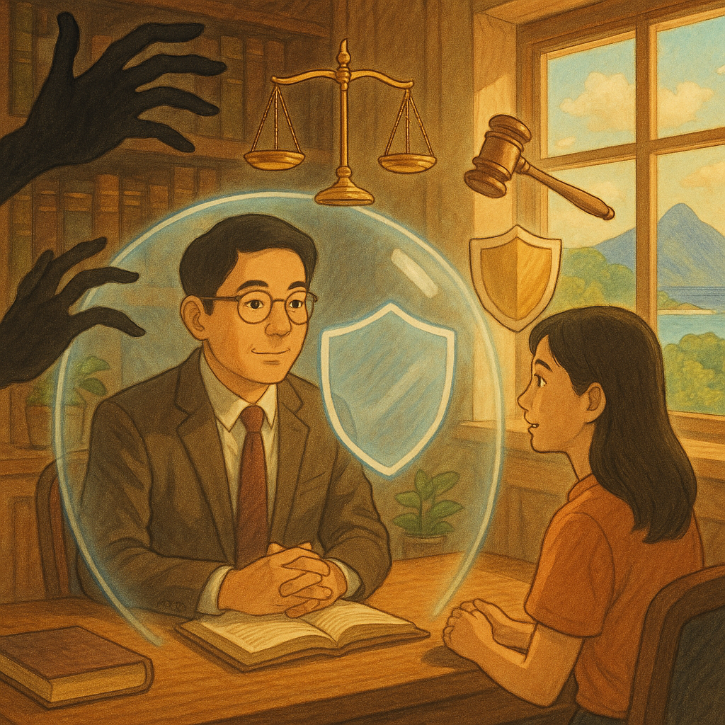 吉卜力風格暖色場景:台灣律師與當事人在木質書房諮詢,柔光灑落。半透明光盾守護人物,對抗伸來的黑影手;天平、盾牌與法槌如精靈漂浮,窗外山海交融;人物具台灣人面孔,表情專業而溫暖,手繪細節魔幻寫實。