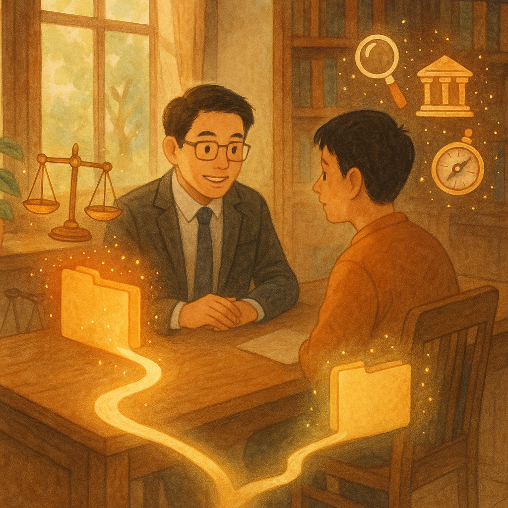 溫暖手繪奇幻場景：台灣人律師與民眾在木質事務所對談，窗外自然柔光灑入。桌上兩個發光資料夾分岔成兩條小徑，一旁天平與放大鏡、法院圖章與羅盤化作光粒漂浮，象徵偵字案與他字案的分流與諮詢。無文字。