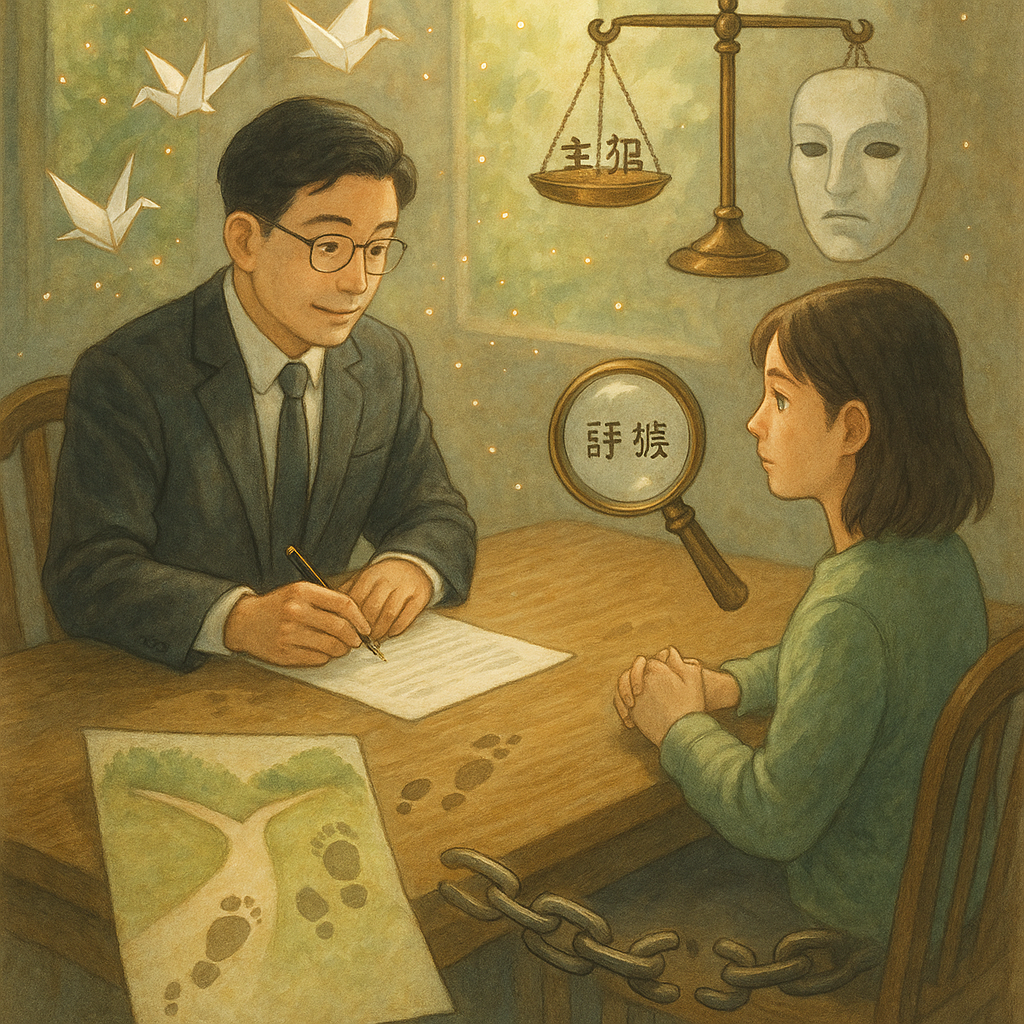 高解析度、溫柔自然光下，台灣人律師與當事人圍坐木桌，紙鶴與光粒盤旋，半透明面具象徵詐欺；天秤分成主犯與從犯兩端，放大鏡照向證據，分岔小徑與大小腳印延伸，斷裂鎖鏈象徵責任差異，無文字，吉卜力般手繪質感。