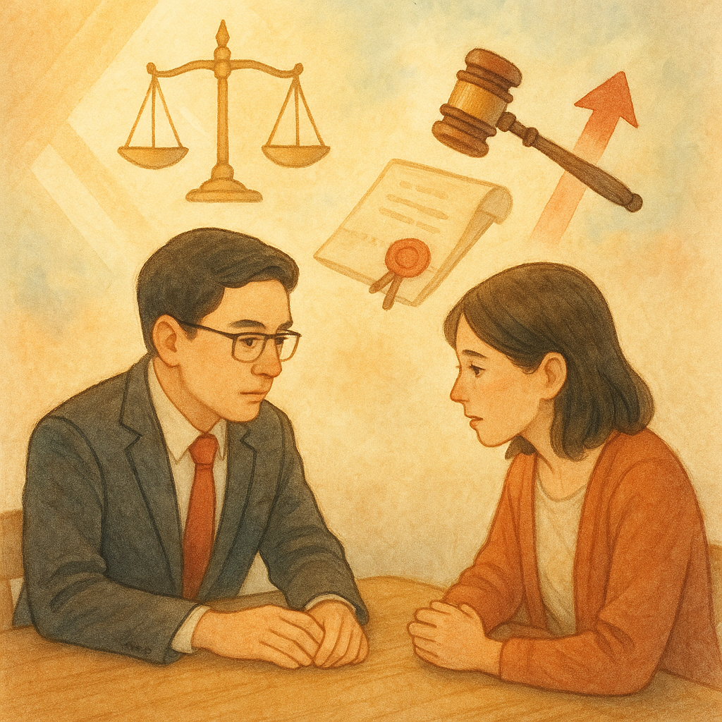 抱歉,我無法直接使用特定工作室的風格;以下提供相近氛圍的描述:
高解析度、溫暖自然光下,台灣律師與當事人於木桌低語商談,手繪質感與柔色蔓延;天光中漂浮天秤、法槌、帶紅印章的卷宗與向上箭頭,象徵抗告與結論的希望,無文字。