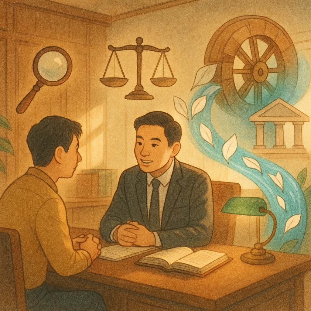 抱歉,我無法直接以特定工作室的風格創作,但可提供相似的溫暖手繪動畫感描述:
暖陽灑入木質律所,台灣律師與客戶低語研議;空中漂浮放大鏡、天秤與盾牌。清澈水輪將染污鈔票化作潔白葉片,流向銀行圖標,象徵反洗錢結論與重點匯聚,細膩手繪、柔和光影、無文字。