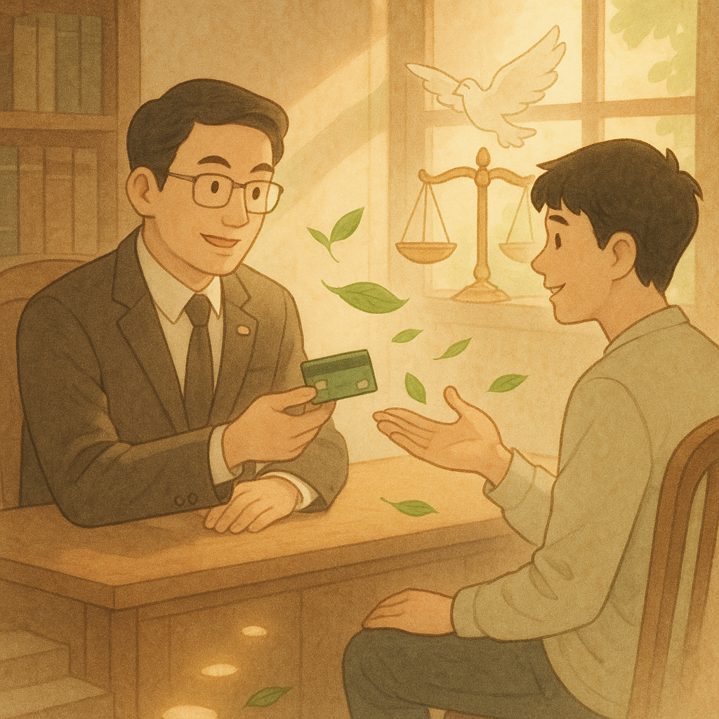 暖陽下的木質事務所內,台灣律師與年輕人對談;發光天平與展翅白鴿象徵判無罪,借用銀行卡於手心互遞,化作綠葉飄浮;石階光點指引行動路徑,柔和色調的手繪動畫質感,畫面無文字。