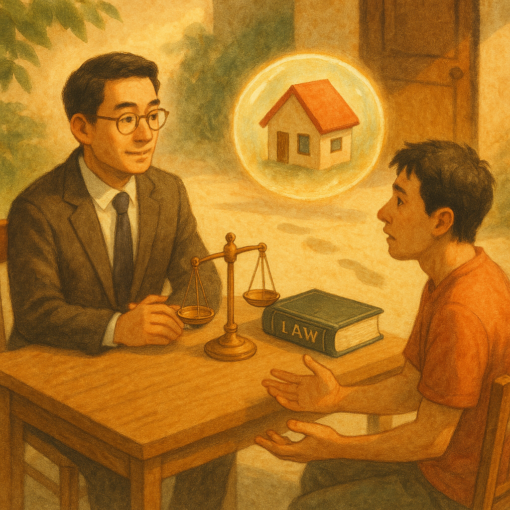 溫暖奇幻手繪風的高解析電影感插畫：台灣律師與住戶在陽光下諮詢，桌上天平與法典旁漂浮小屋被柔光護盾包覆，門外淡淡腳印與影子象徵侵入住宅罪，畫面無文字。