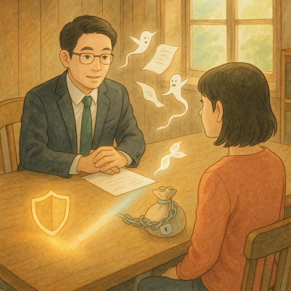 吉卜力風柔色自然光與手繪肌理下,木質會議室中台灣律師與當事人交流。桌面分岔兩道微光:一側盾牌護住資產,另一側鎖鏈環住錢袋;文件化作精靈漂浮,引導結論與行動。畫面無文字。
