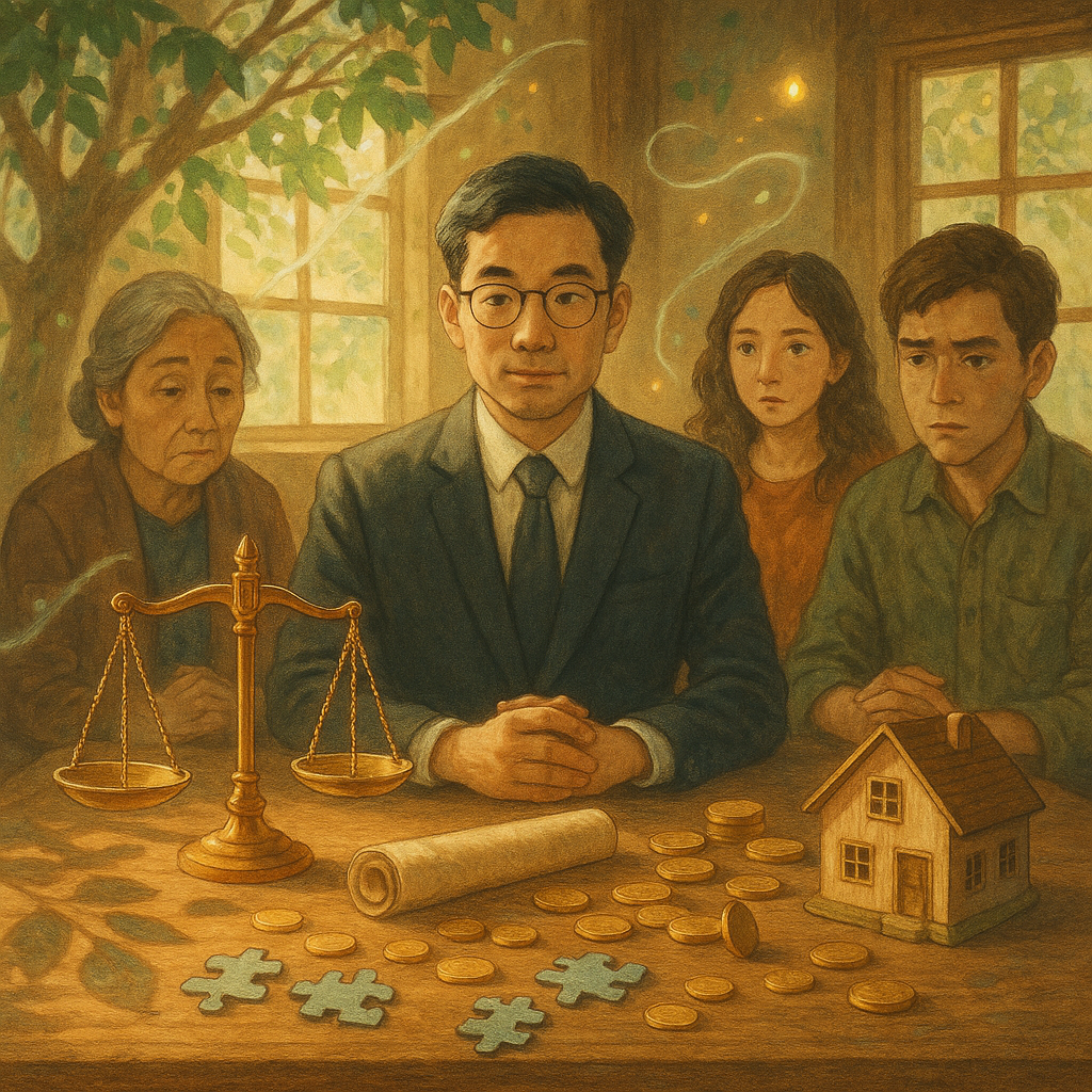 柔和自然光灑入溫暖木質事務所，台灣律師與三名家族成員圍坐，神情各異；桌上傾斜的金色天秤、一卷無字遺囑、散落不均的金幣與拼圖碎片旁放著小屋模型。榕樹葉影與微光精靈環繞，手繪質感、吉卜力式魔幻寫實。