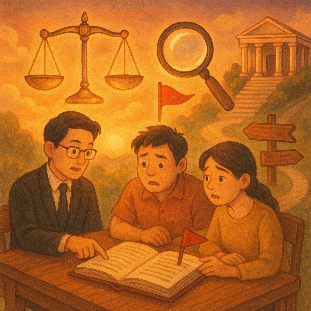 暖色黃昏下的行政諮詢室,台灣律師與民眾圍桌研讀案例卷宗;發光天秤、漂浮放大鏡與紅旗標示爭點,通往法院的石階延伸,庭外分岔小路的木製指示牌象徵救濟途徑,手繪質感、柔光奇幻、無文字、人物表情豐富。