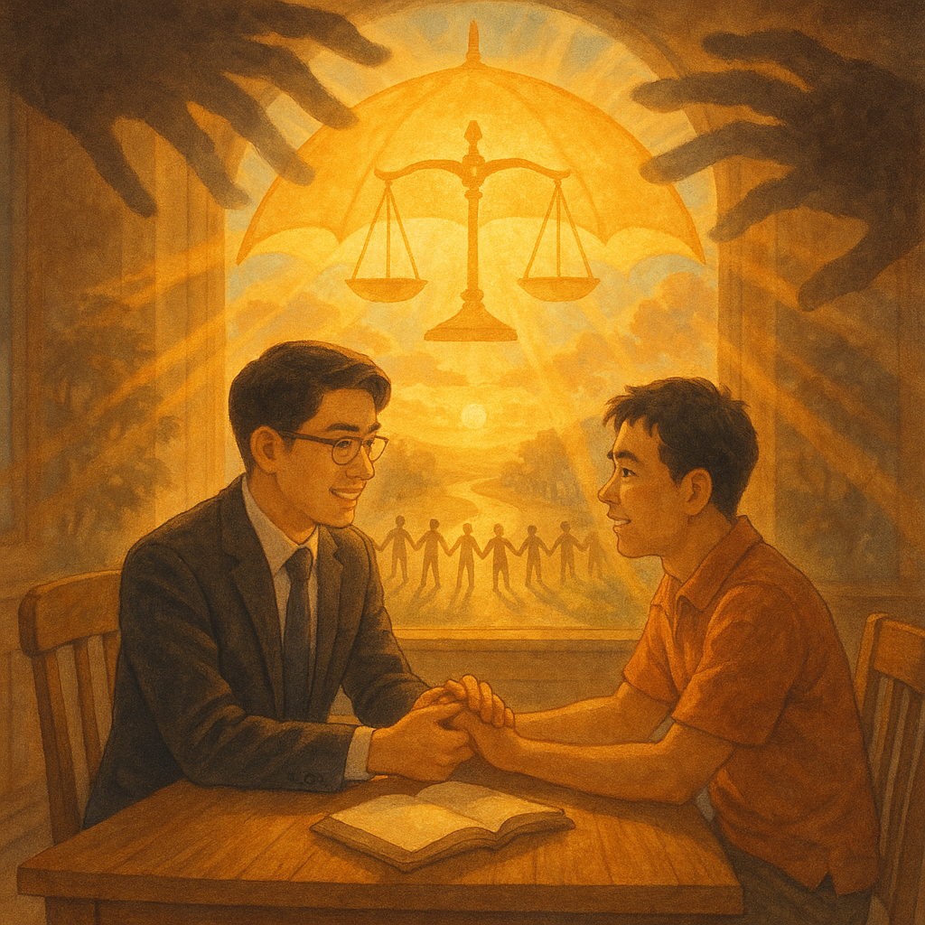 吉卜力風格的溫暖場景：台灣律師與當事人在陽光灑落的木桌前諮詢，天光化作金色護傘與天秤環繞，陰影巨手在護傘外消散；遠方道路通往黎明，群眾手牽手象徵行動呼籲，高解析、柔和筆觸、自然光、無字。