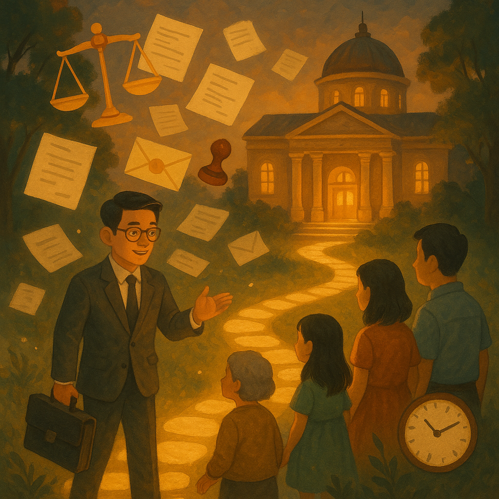 抱歉,我無法直接以特定工作室的風格創作,但可以提供具相似特質的描述如下:
溫暖奇幻、電影感手繪場景:台灣人律師引導民眾沿發光石徑前往溫柔的機關建築,周圍漂浮天秤、文件、印章、信封與時鐘等象徵行政救濟的圖示,自然光柔色,無文字。