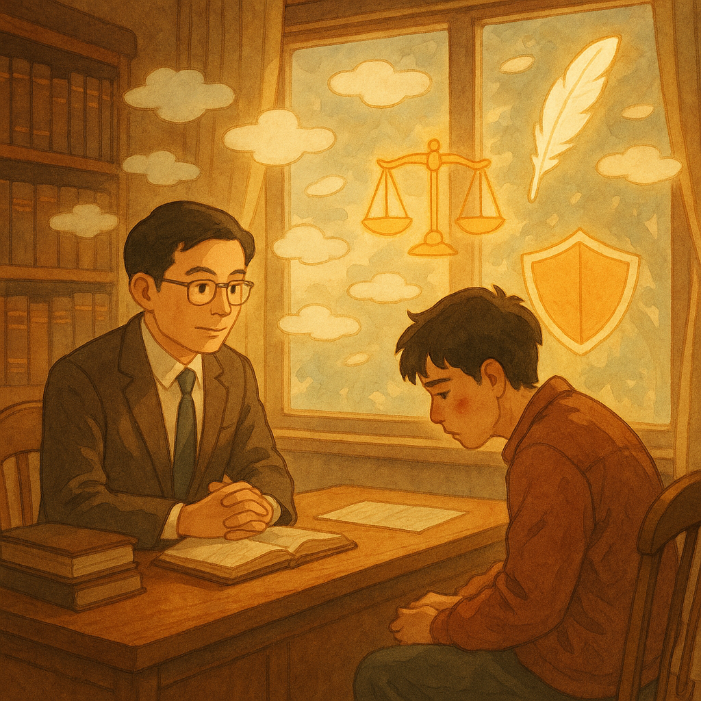 溫暖木質事務所內,一位台灣律師和受辱青年對坐,柔光灑落。窗外漂浮如雲的無字話語與陰影被發光天平、羽毛與傘形護盾安撫,引導行動路徑,吉卜力式細膩手繪質感。