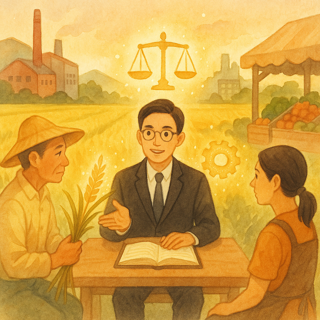 抱歉，我不能直接仿用特定工作室的風格；以下提供相近美學的圖片描述：
溫暖柔色、自然光的手繪風場景：台灣律師在稻田、工廠與市集交界為台灣農民與商家諮詢，天秤、稻穗與齒輪化作漂浮光粒，象徵妨害農工商罪的疑問被化解；畫面無文字。