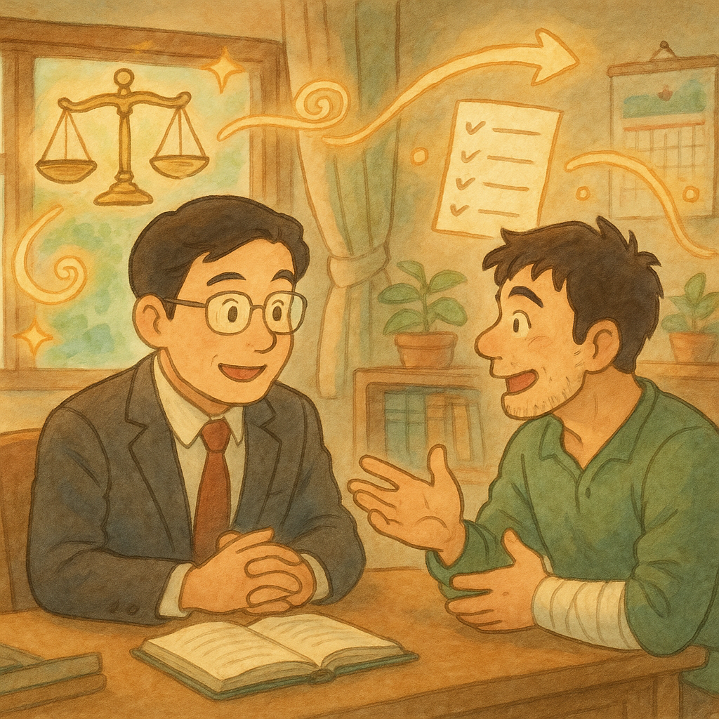 吉卜力風溫暖辦公室裡，台灣律師與一般傷害民眾手臂纏繃帶表情豐富地對談；柔光下，天秤、日曆、清單與指引箭頭如精靈環繞，象徵結論與行動建議；手繪質感、柔色、無文字。