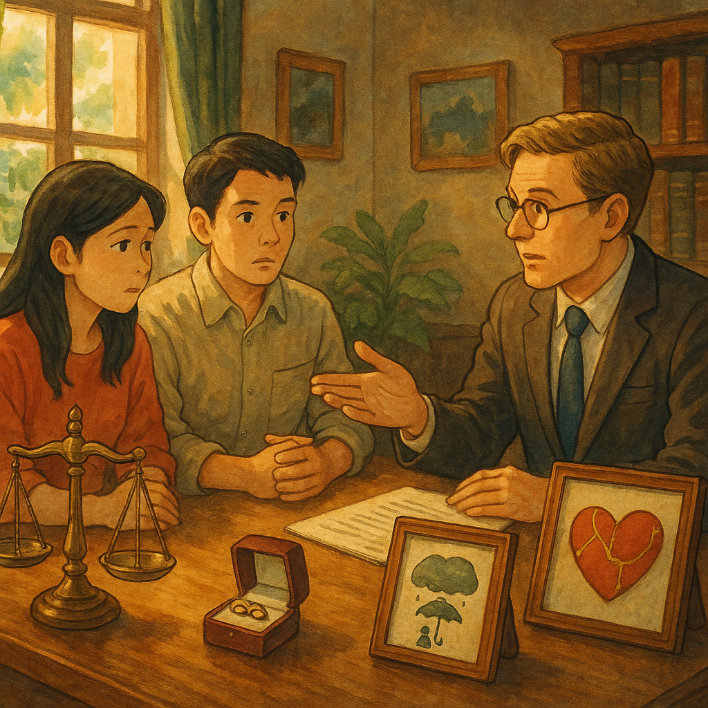 高解析、溫暖魔幻的吉卜力風、電影感的律師事務所內，台灣夫妻與專業律師諮詢；窗外自然柔光灑入，天平、婚戒、金繕心形與保護傘象徵侵害配偶權的判斷與修復，手繪質感，無文字。