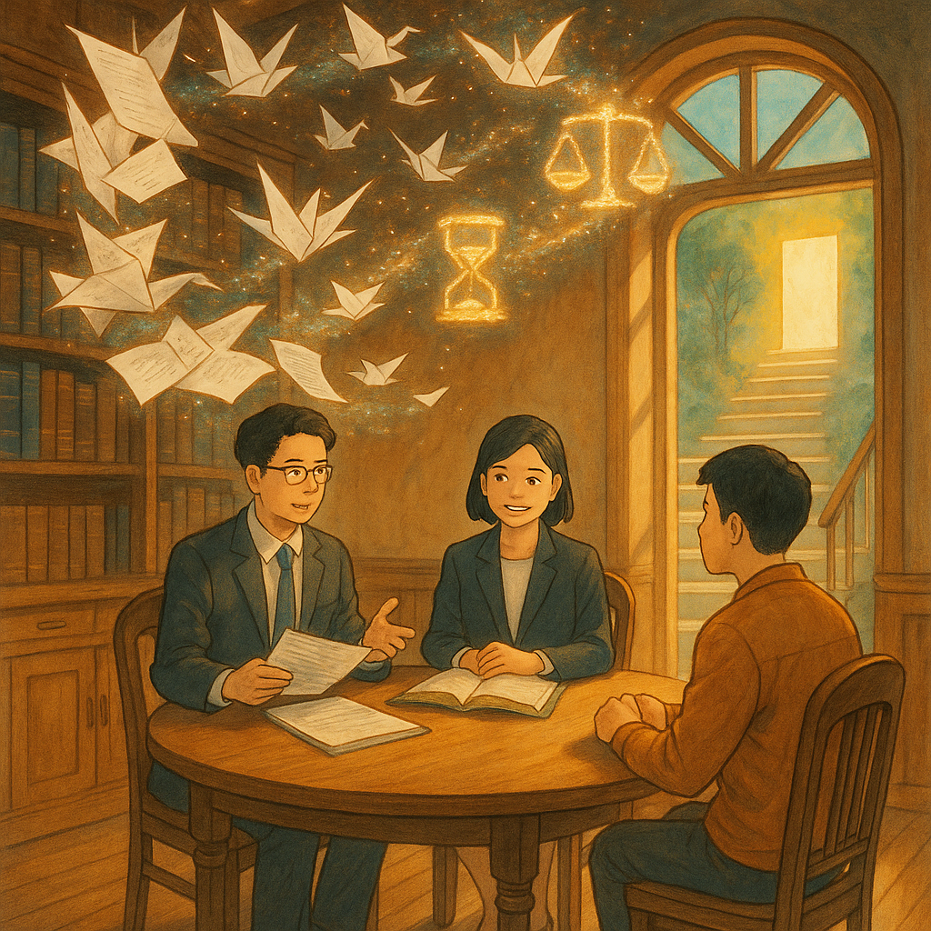 暖陽灑入木質事務所,兩位台灣律師與當事人圓桌討論;檔案化作紙鶴與光粒盤旋,織成天秤與沙漏、法槌等符號,窗外階梯指向光門象徵再審與行動建議,整體吉卜力式溫暖奇幻、手繪質感。