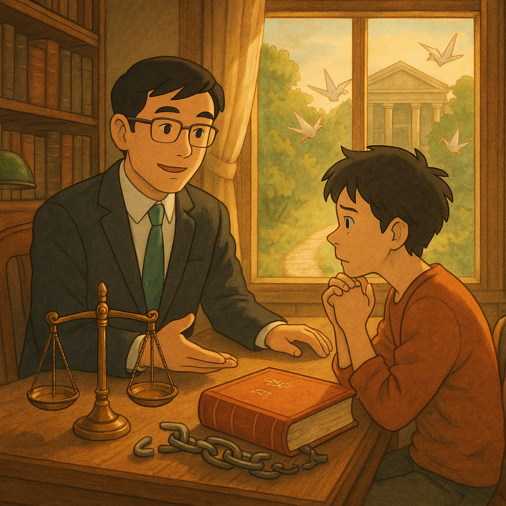 吉卜力風格高解析插畫：溫暖晨光灑入木質律所，台灣律師溫和指引焦慮民眾，桌上天平、法典與斷裂鎖鏈象徵幫助犯與解套；窗外通往法院的光之小徑與飛舞紙鶴喚起行動呼籲，無文字，手繪質感柔和自然。