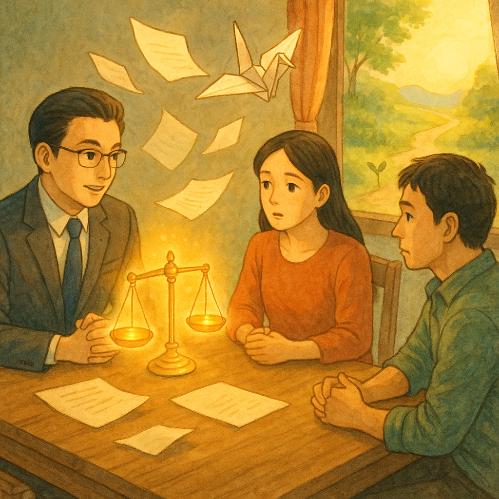 高解析度吉卜力式奇幻暖色手繪風：在柔和自然光下，台灣籍律師與一對台灣夫妻於木桌諮詢，文件化作漂浮紙鶴與發光天秤，遠方小徑通往晨曦與新芽，象徵離婚結論與行動的希望，畫面無文字。