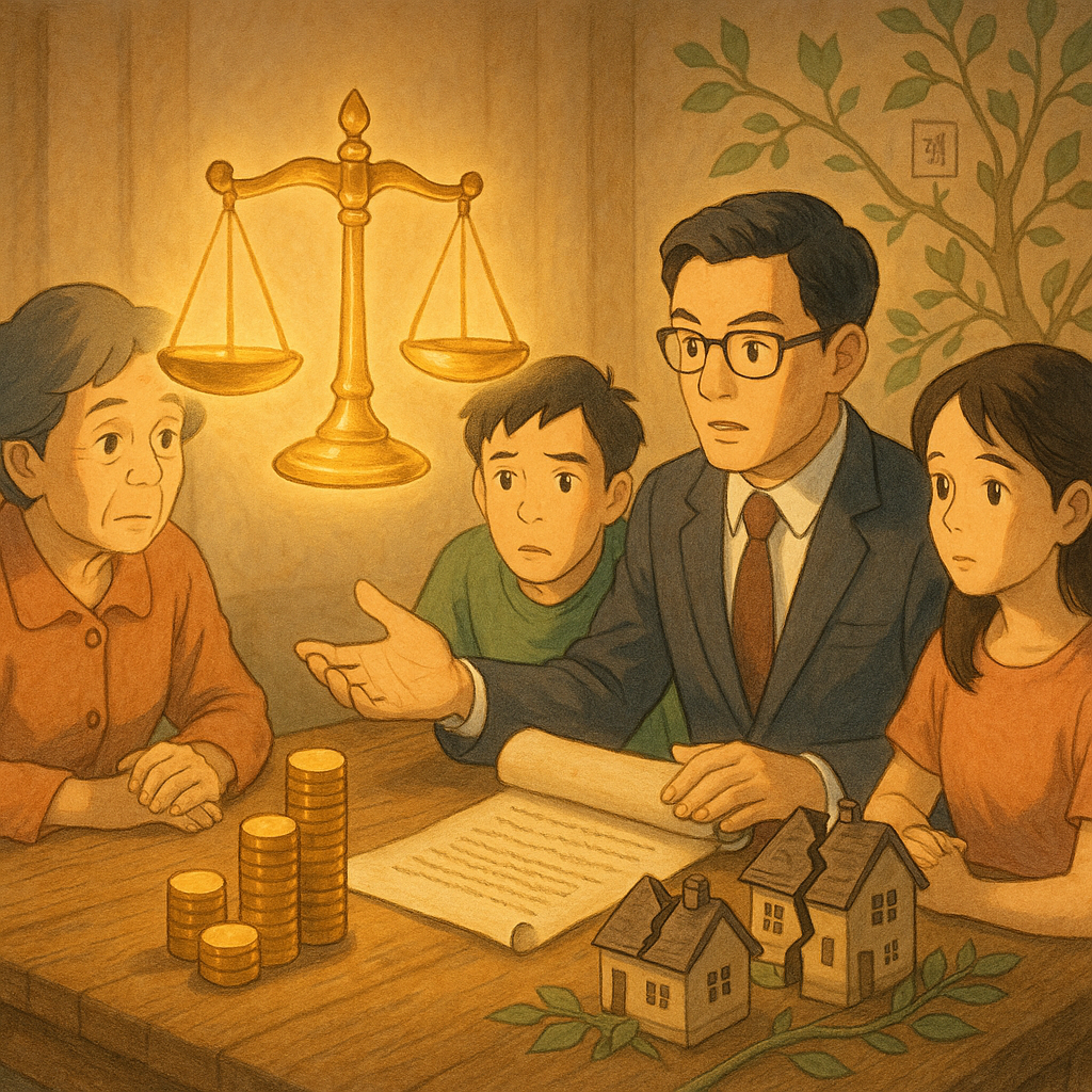 溫暖柔光下,台灣家庭與專業律師圍坐木桌,漂浮的發光天秤、不等高金幣堆象徵不均,與打開的遺囑卷軸、分裂家屋與家譜枝葉環繞;手繪質感、自然色調,高解析,吉卜力式奇幻如電影,畫面無文字。