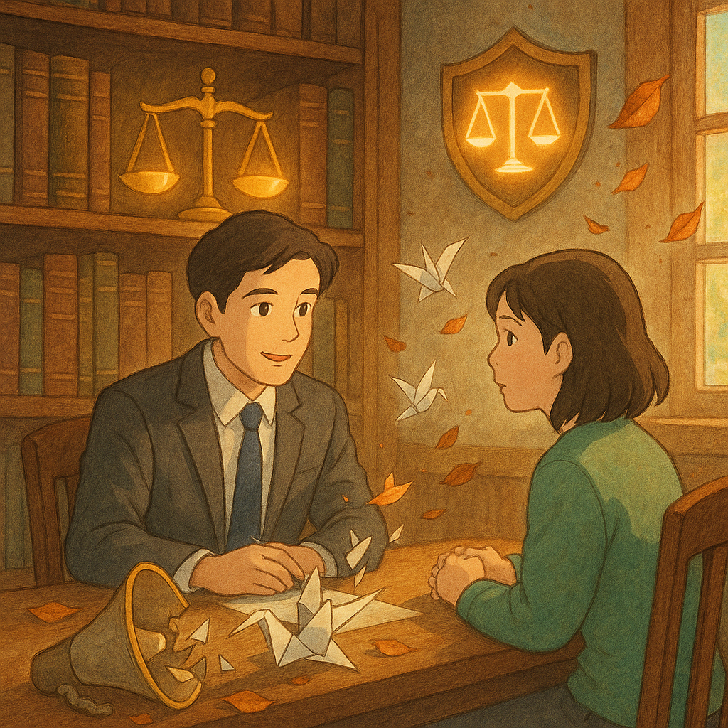 高解析溫柔自然光的吉卜力風插畫：台灣律師與當事人在木質書房諮詢；天平與盾牌發光象徵名譽保護，破碎喇叭化作紙鶴與落葉飄散，手繪紋理溫暖魔幻，畫面無文字。