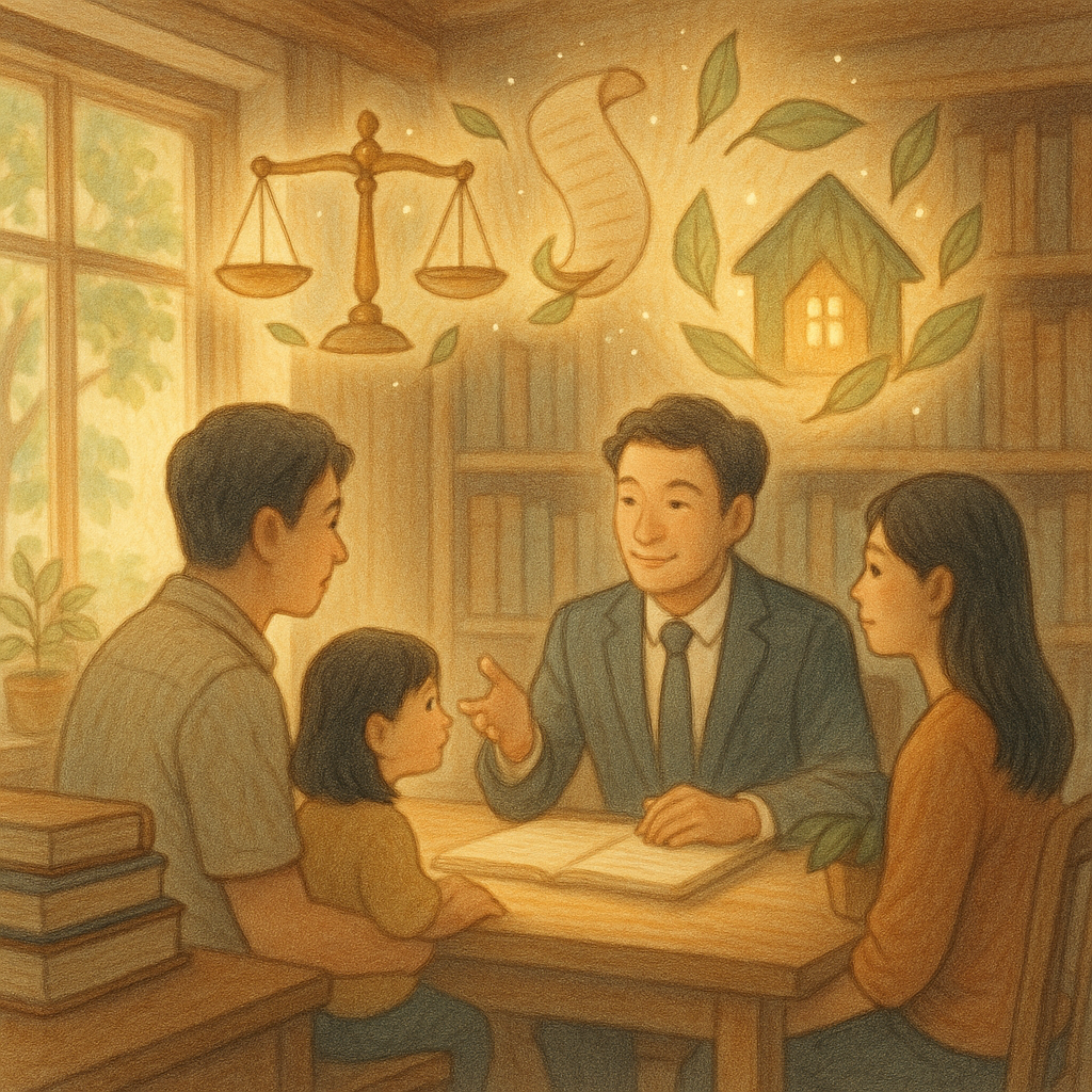 暖陽灑入手繪木質事務所，台灣人律師溫和諮詢一家三口；天秤、卷宗化作樹葉與發光小屋在空中緩緩旋繞，象徵繼承與實務適用。柔色、自然光、奇幻微光，細節豐富，無文字。