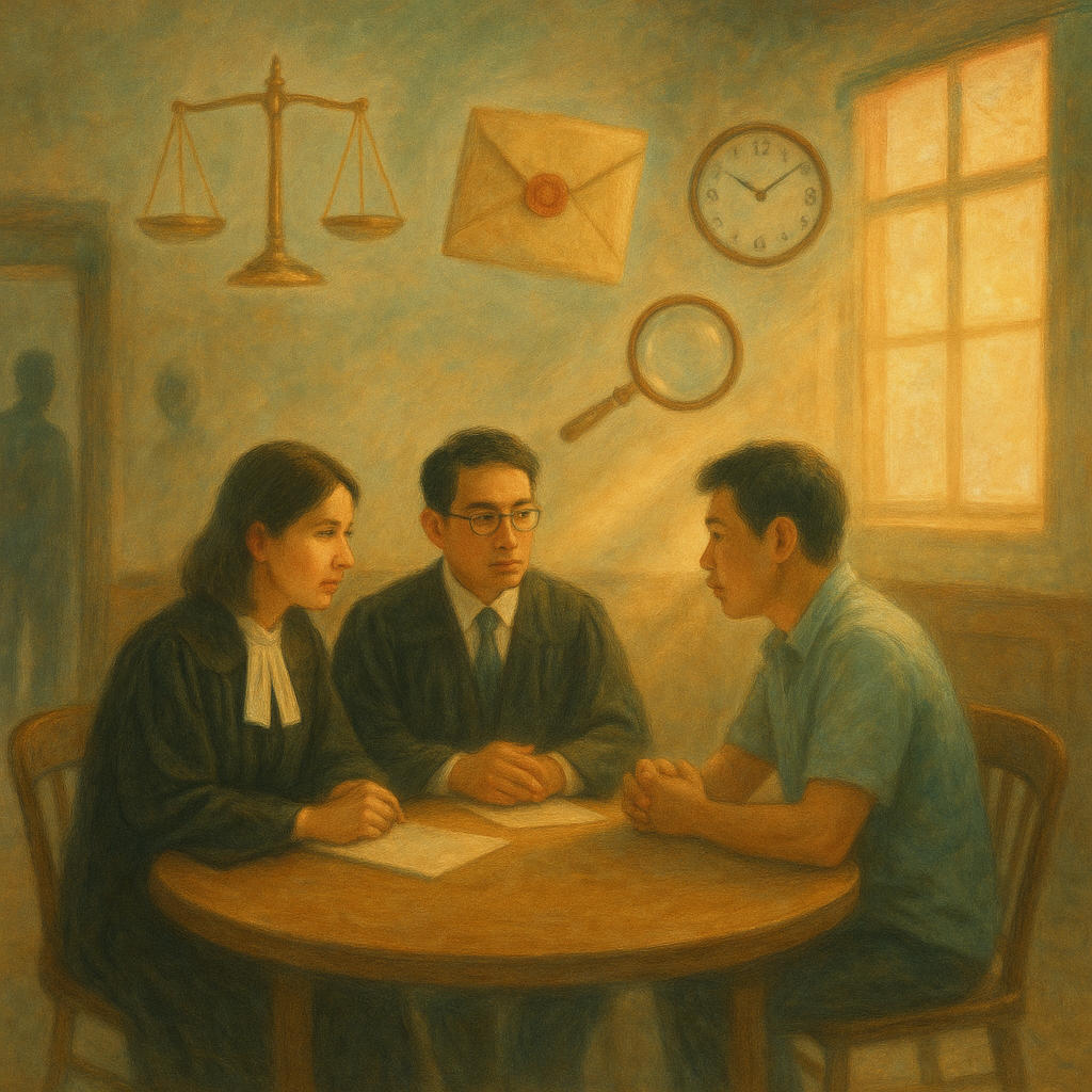 柔和色彩與手繪質感中，帶奇幻電影感的溫暖自然光灑入簡約法庭，台灣律師、檢察官與當事人在圓桌低語；空中浮現天秤、封口卷宗、放大鏡與時鐘，暗影人影在門外徘徊，映出偵查庭爭議與隱私張力。畫面無文字。