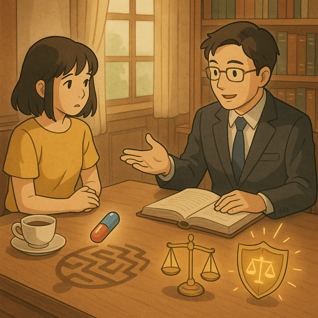 吉卜力般溫暖奇幻：台灣女當事人與男律師在木質書房對談，柔色自然光。桌上茶杯上方幻化藥丸與陰影迷宮，另一側化為天秤、盾牌與發光線索，呈現律師介入帶來引導。畫面無文字。