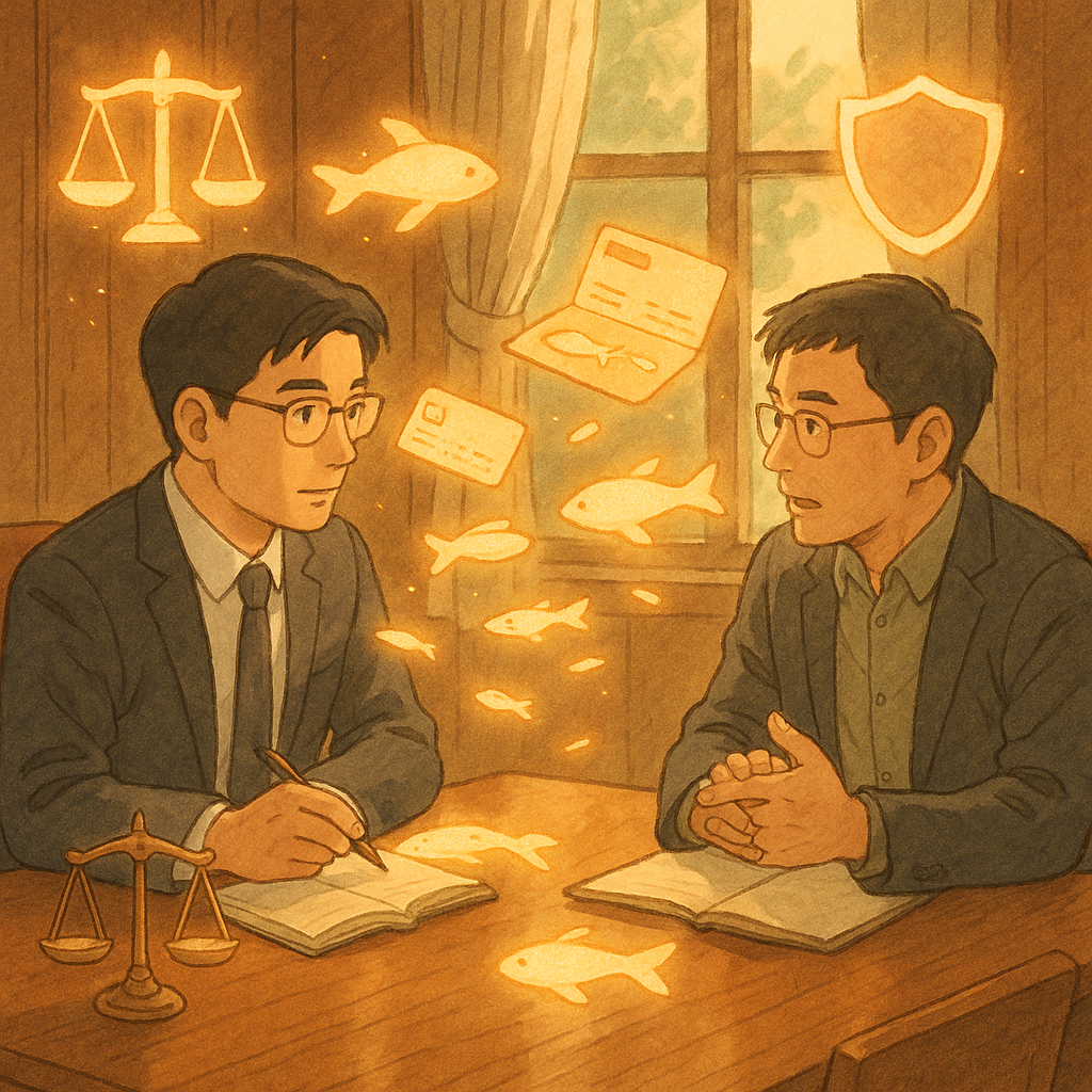暖光下的木質會議室,台灣律師與風控顧問對坐討論,柔色自然光灑落。桌上漂浮卡片與存摺化作光魚,天平與盾牌圖像環繞,象徵借賬戶案例與風險控管,營造溫暖魔幻氛圍,吉卜力風手繪質感,無字。