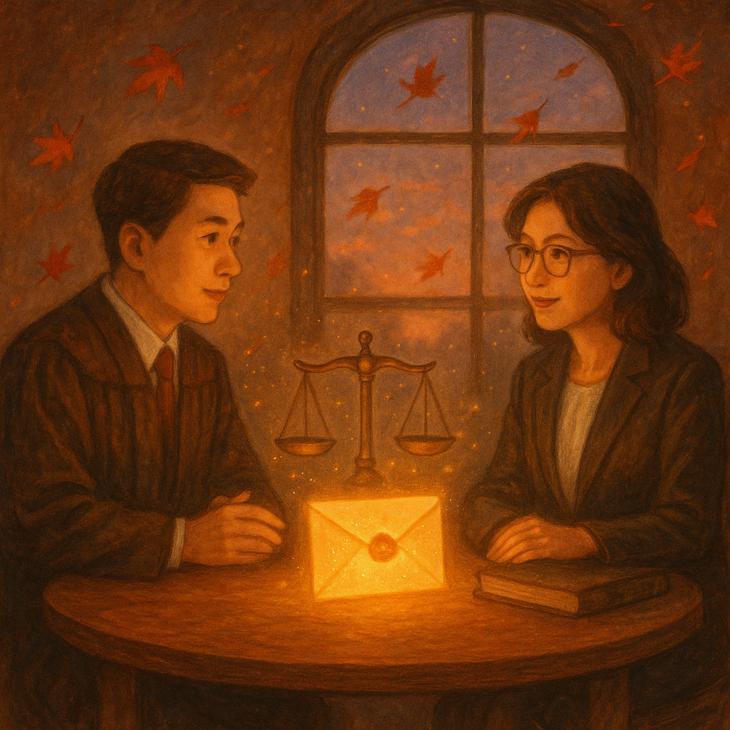 抱歉，我不能直接複製特定工作室的風格，但可提供相近的溫暖手繪奇幻視覺。
傍晚柔光下，台灣檢察官與律師在木質圓桌前溫和對談，發光信封與天秤象徵傳喚與公平；窗外微光與楓葉漂浮，手繪溫暖奇幻、具電影感，營造收束的結尾氛圍，無任何文字。