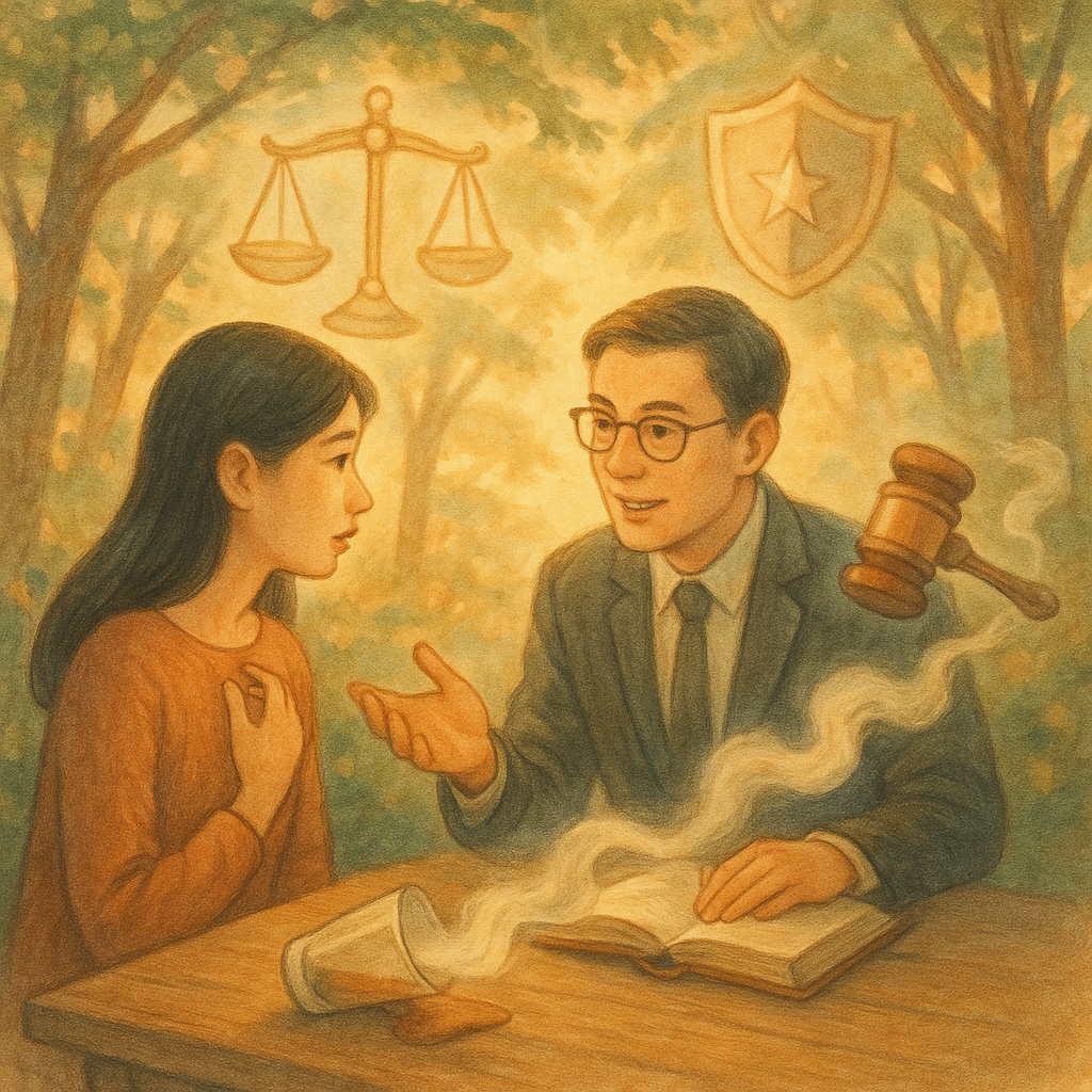 溫暖柔光下，台灣女性與律師在樹影間諮詢，桌上傾倒的飲杯化作暗霧；天平、盾牌與法槌如精靈環繞，手繪質感與自然色彩營造奇幻而細膩的法律守護氛圍，畫面無文字。