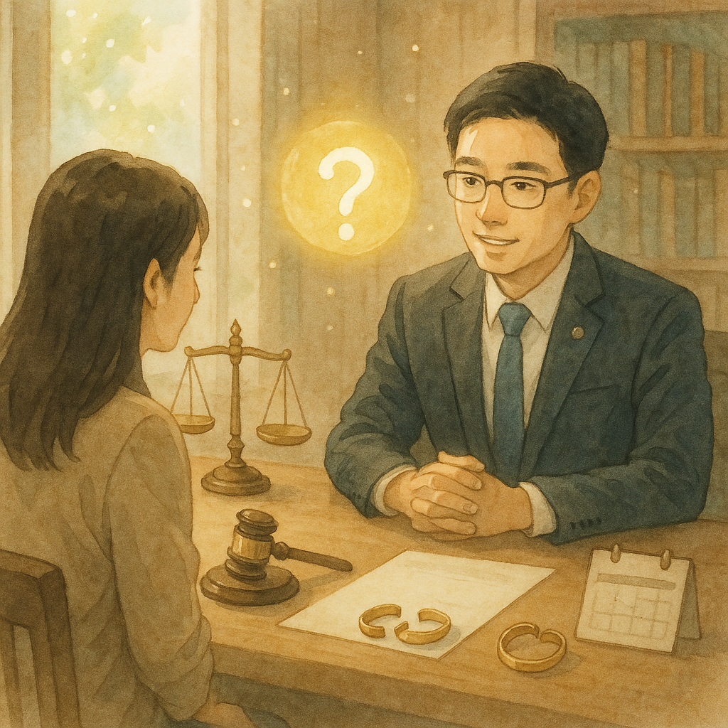 溫柔自然光中，台灣律師與當事人於木質事務所對談，桌上有天平、法院象徵與拆成兩半的婚戒、無字文書與日曆圖示；淡彩手繪質感與電影感景深，漂浮光點與象徵疑問的光球營造童話般魔幻與安心的訴訟離婚諮詢氛圍。