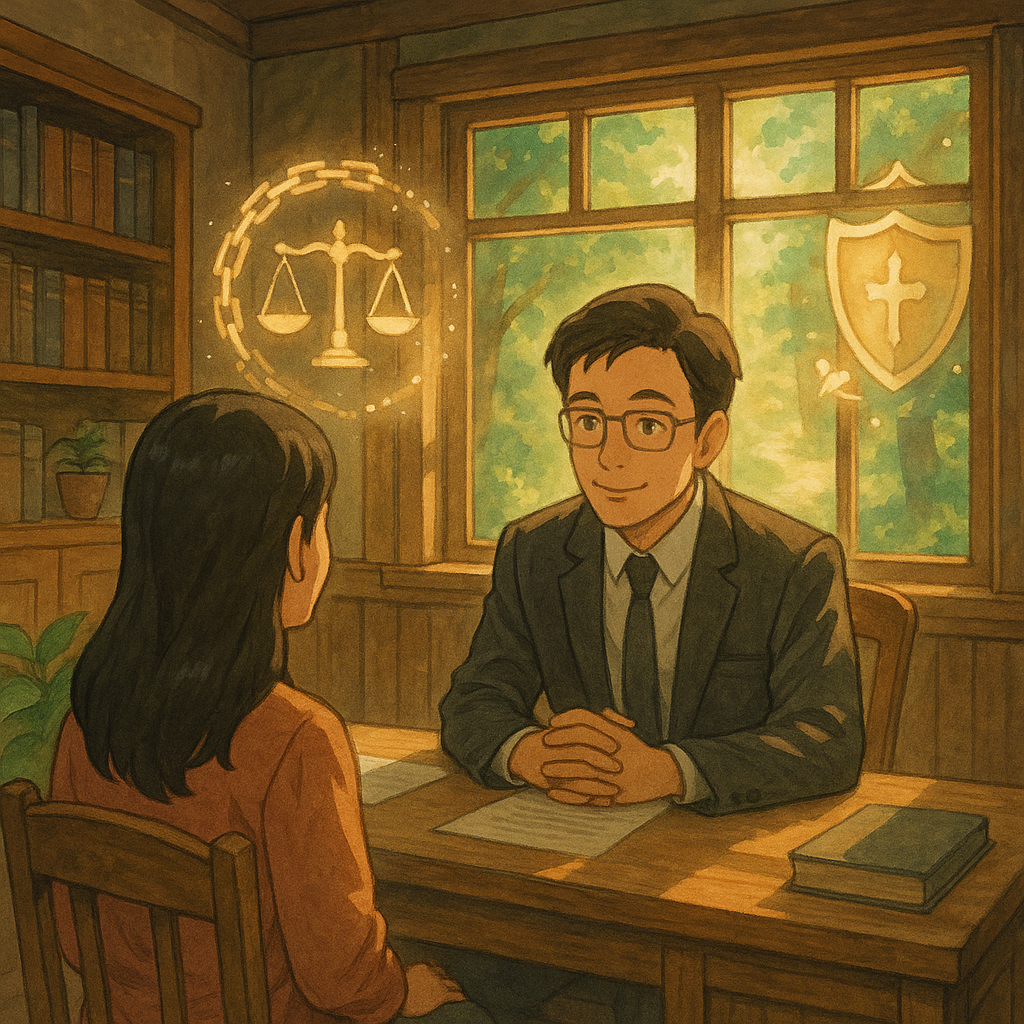 陽光灑入的木質事務所，台灣人律師溫柔傾聽當事人；窗邊浮現發光的界線圈、正義天秤與盾牌精靈守護，碎鏈化光遠去，窗外光之小徑指向前方；柔和色調、自然光、手繪質感的吉卜力式奇幻電影感。