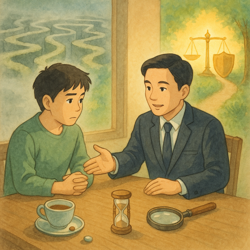柔色自然光、手繪質感的吉卜力風：台灣人當事人坐在木桌前，對面台灣人律師溫和指引。左側霧迷宮象徵自行處理，右側發光天秤與盾牌小徑象徵專業介入；桌上茶杯投下藥丸陰影、沙漏與放大鏡暗示證據與時間，無文字。