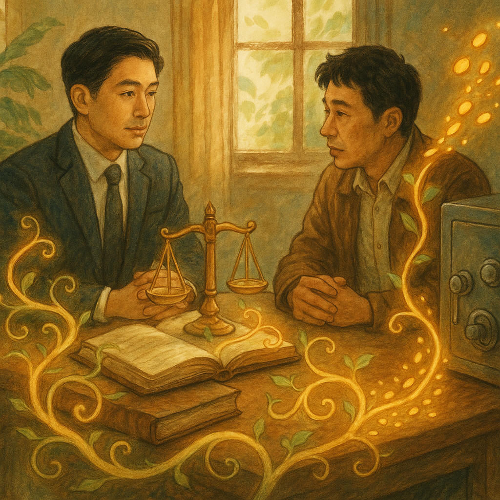 柔和自然光下，台灣律師與客戶在木桌磋商；天平與帳冊化作發光藤蔓盤繞，金幣化成光點回流保險箱，象徵業務侵占與追討；無文字，手繪質感、溫暖奇幻的電影氛圍。